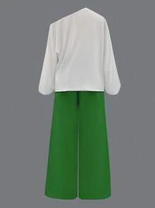 INAWLY 女士玫瑰花卉印花不对称领口灯笼袖上衣和裤子时尚两件套 - 綠色 - 查看 7