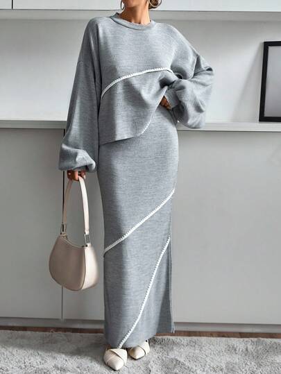 EURMUSE Casual Crew Neck Oversize Fit COntrast Color Handmade Shepered Stitch Detailed Cozy Sweater & Maxi Solid Color Comfy Knitted Skirt 2 Pieces Women Knit Set For Fall Winter Grey Two Piece Set Modest Two Piece Set Maternity Two Piece Sets Maternity Clothes Fall Winter Maternity Clothes Two Piece Suits