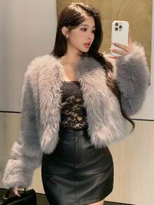 DAZY 女士时尚优雅仿皮草前开短款秋冬外套 - 灰色 - 查看 5