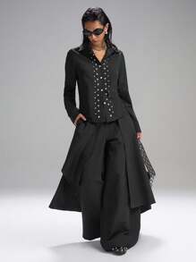 SHEIN EZwear 秋冬大码女式纯色拼接设计宽腿宽松裤 - 黑色 - 查看 8