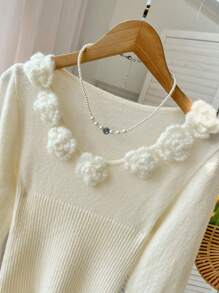 Skyraze Women 3D Floral Trim Pullover Sweater Jumpers Pullover Back-To-School Clothing White Sweater Casual Daily Wear,Tops,Brunch Women,Renaissance Fair,Concert Women, In Fall/Winter - White - View 6