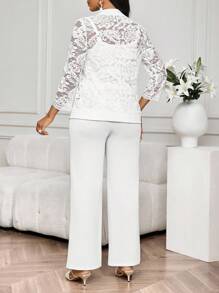 SHEIN Lady Traje de tres piezas compuesto por chaqueta de encaje blanco, camisola y pantalones de traje para mujer, ropa de trabajo, ropa casual de oficina para mujer, atuendo de oficina para mujer, conjunto todo blanco para fiesta para mujer, ropa de mujer, conjuntos casuales blancos para mujer en otoño/invierno