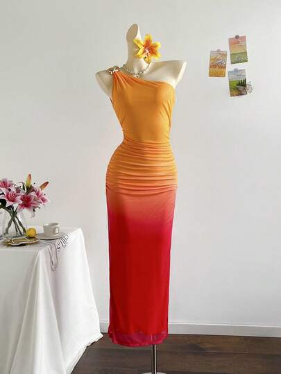 SHEIN x Eduarda Gutierrez Soleia Elegant Bohemian Tropical Print Slit Dress With Metallic Decor, Suitable For Spring/Summer Vacation, Beach Wedding Guest, Graduation, Brunch, St.Patrick's Day, Spring Break, Easter, Music Festival Sunset Ombre Dress Orange Ombre Maxi Dress Tequila Sunrise Dress Sunset Dress One Shoulder Bodycon Dress