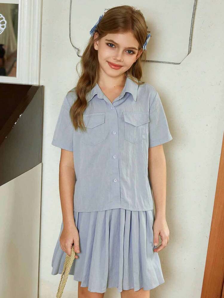 2pcs Girls Ruffled Collar Short Sleeve Shirt And Pleated Skirt Outfit, Summer