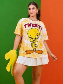 LOONEY TUNES X SHEIN 大码扎染卡通图案圆领短袖T恤 - 黃色 - 查看 6