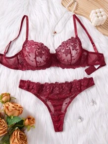SHEIN 2件套粉色浪漫女士钢圈文胸套装 - 酒紅色 - 查看 3