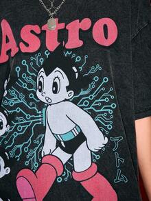 Astro Boy X ROMWE Women's Loose T-Shirt With Cartoon And Letter Pattern, Washed Snow Flake - Black - View 2