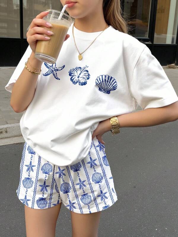 2pcs Teen Girls' Casual Loose Stripes Seashell & Starfish Print Tee & Shorts Set, Suitable For Spring/Summer, Vacay Vibes
