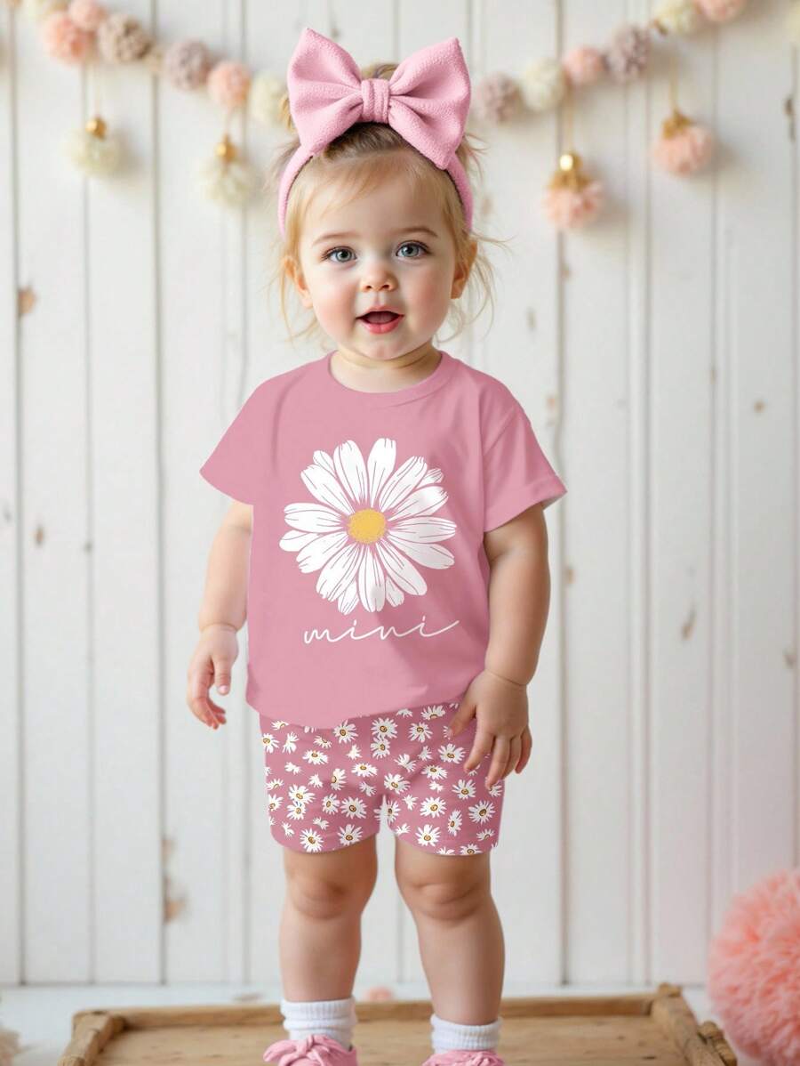 SHEIN Happikins Baby Girl Casual Minimalist Round Neck Short Sleeve T-Shirt And Fitted Shorts Set, Suitable For Spring/Summer - Multicolor - View 1
