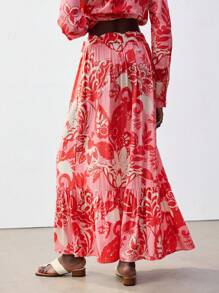 Maija 女式紫红色和淡黄色花卉植物印花半身裙（配腰带），春夏波西米亚风别致宽松 A 字形荷叶边下摆设计，舒适度假/节日、乡村音乐节、伊比沙岛，百搭百搭穿着 - 西瓜粉 - 查看 3