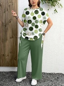 EMERY ROSE Set informal de 2 piezas con estampado de puntos verdes y textura, adecuado para el verano, tallas grandes - Verde - Ver 3