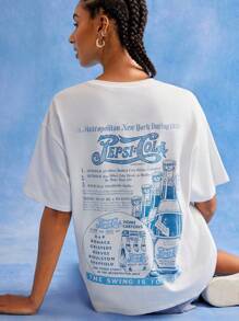 PEPSI X SHEIN 女式休闲标语图案圆领短袖T恤，夏季 - 白色 - 查看 1