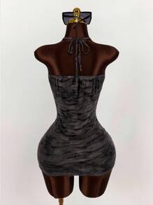 Amplova Vintage Wild Street Runway Tiger Print Halter Bodycon Mini Dress, Summer Black Bodycon Mini Dress