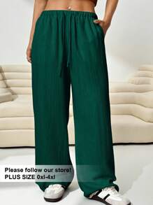 SHEIN EZwear Women Plus Size Loose Fit Woven Olive Green Long Pants