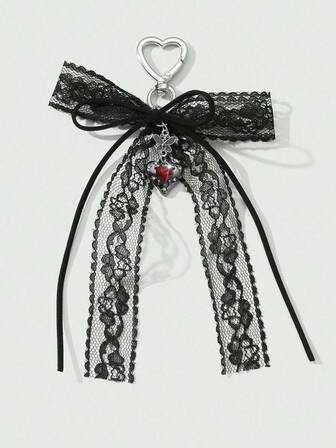 Kawaii 1 pieza Llavero con cinta de terciopelo negro, encaje, moño y colgante con forma de corazón de cristal falso en estilo gótico vintage Y2K - Adecuado para mujeres, niñas, uso diario y regalo para días festivos