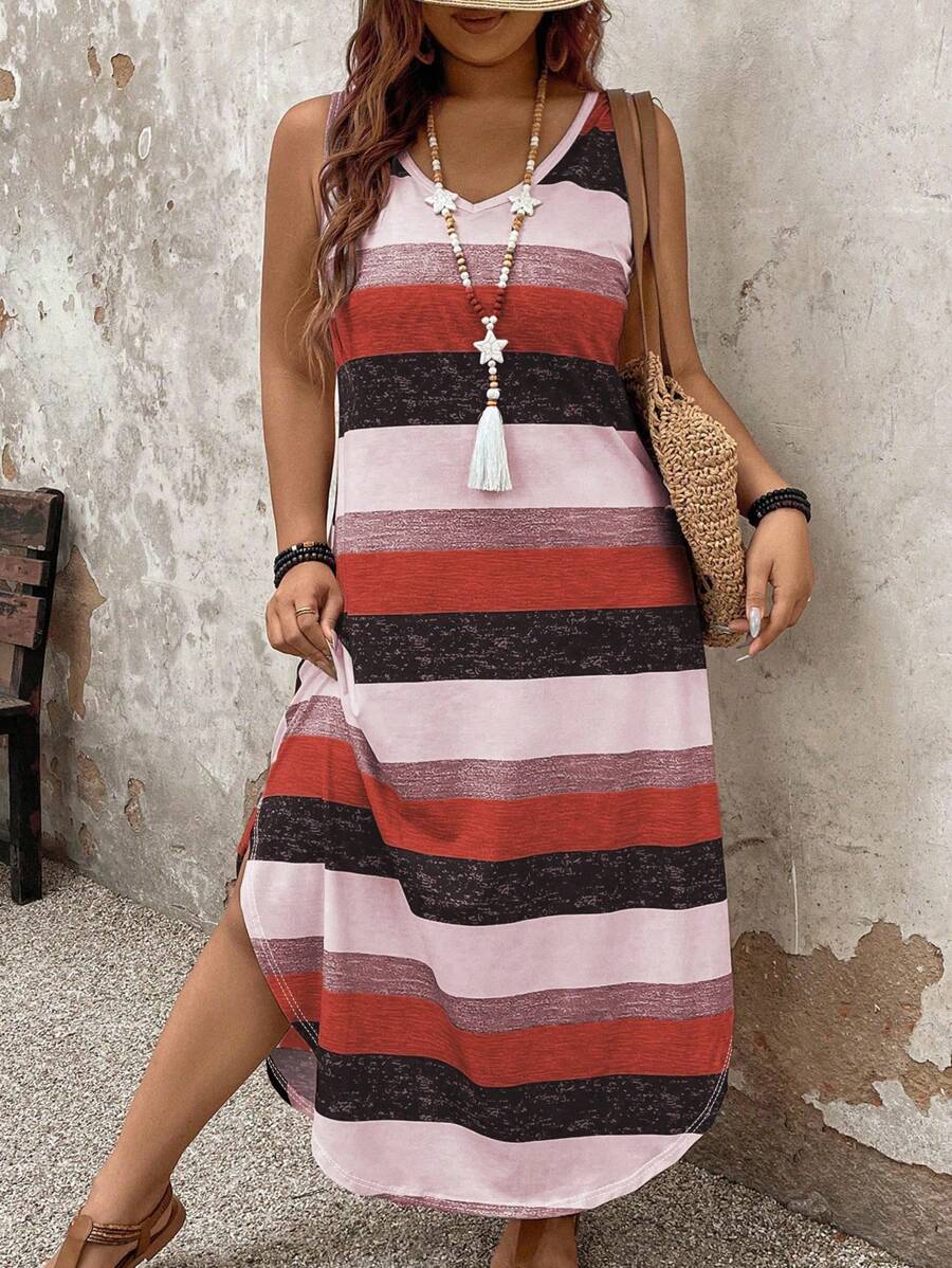 SHEIN PETITE 女式大码休闲条纹连衣裙，春夏