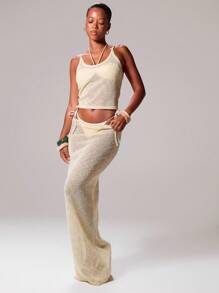 Musera Resort Low Rise Sequin Knit Maxi Skirt Only Boho Ibiza Cute Sexy Vacation Summer Beach Swimwear Cover Up Girly Pastel Spring Elegant Bridal Hen Do Bachelorette Wedding - Yellow - View 5