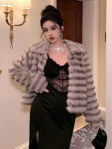 DAZY 时尚轻薄光滑蓬松领夹克，女士冬季外套 - 灰色 - 查看 6