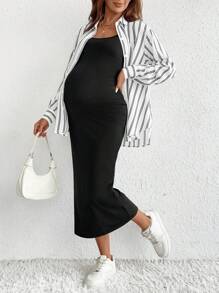 SHEIN Fall Clothes,Autumn Clothes,Maternity Autumn Clothes Maternity 2pcs Maternity Striped Long Sleeve Button-Down Shirt And Cami Dress Casual Set