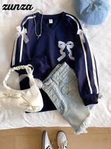 Sweat-shirt-shirt ample en tricot avec nœud pour préadolescentes, décontracté et confortable pour le printemps/automne, style de rue, vacances - Bleu marine - Voir 1