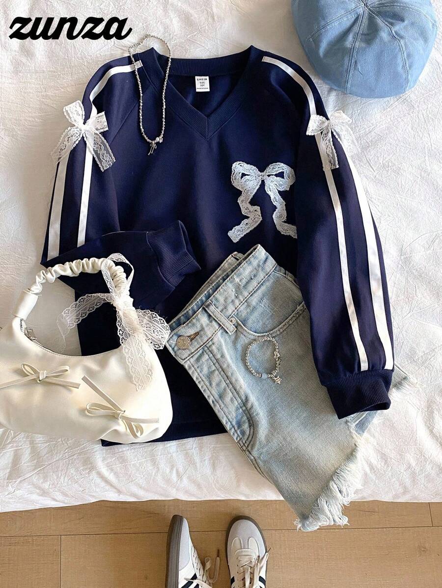 Sweat-shirt-shirt ample en tricot avec nœud pour préadolescentes, décontracté et confortable pour le printemps/automne, style de rue, vacances - Bleu marine - Voir 1