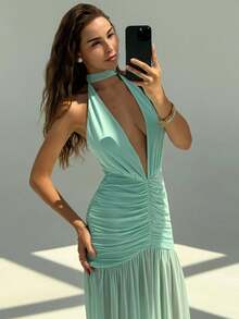 Aloruh Váy lưới hở lưng cổ chữ V sâu cho kỳ nghỉ hè dành cho nữ, màu xanh lá cây nhạt - màu xanh lá - Xem 9