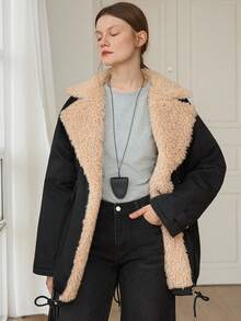 DAZY Black Winter Casual Everyday Women Padded Coat Coat, Loose Street Style Oversized Fur Collar Color Block Pocket Decor Drawstring Cinched Waist Coat - Black - View 9