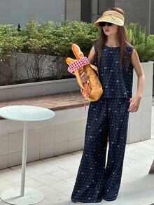 DAZY 少女波点蝴蝶结印花圆领无袖上衣和阔腿牛仔裤宽松套装