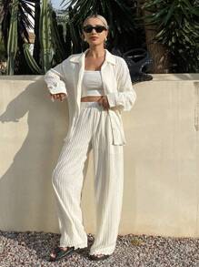 Livesso 2 pièces Ensemble de blouse décontractée et pantalon unicolore pour femmes, tissu texturé