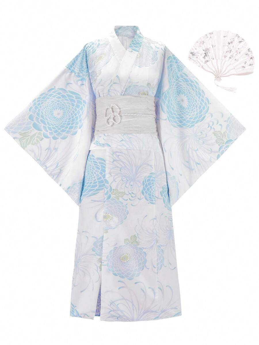 Irokai 日本女性传统印花和服浴衣，夏日祭典 - 淺藍色 - 查看 1