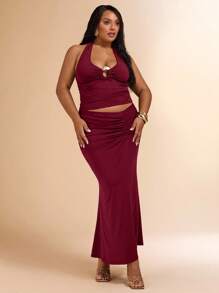 SHEIN BAE Ensemble deux pièces grande taille de femme : top court texturé en maille à fleurs 3D blanc à encolure ras-du-cou et jupe crayon transparente à taille nouée. Tenue de vacances, pour la Saint-Valentin, demoiselle d'honneur, tenue blanche, ensemble de remise des diplômes/rentrée scolaire - Rouge foncé - Voir 3