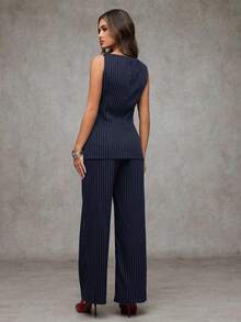 SHEIN BAE Women's Professional Striped Vest And Trousers Suit For Commuting In Fall/Winter - Navy Blue - View 2