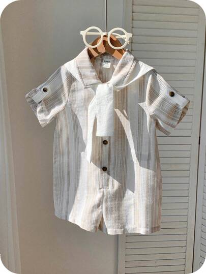 SHEIN 2pcs/Set Baby's Cute Summer Vacation Casual Striped Short Sleeve Romper & Shawl Outfit, Suitable For Birthday Party, Event, Wedding, Christening & Baby Shower Baby Boy Clothes Elegant