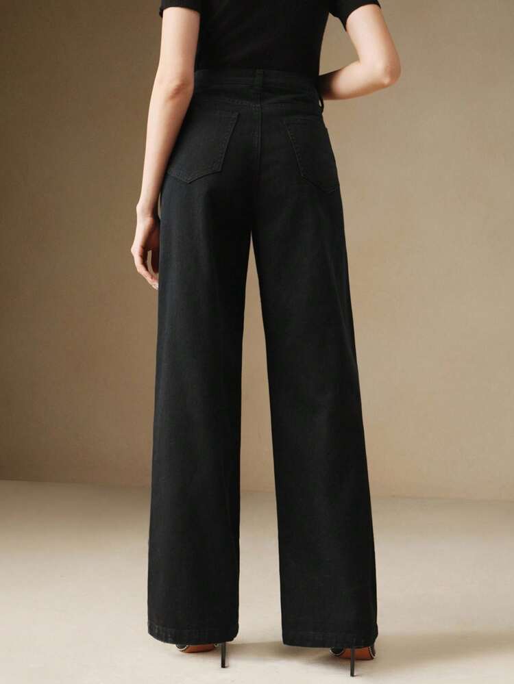 Women's Straight Leg Pants With Rhinestone Embellishment, Shiny Black