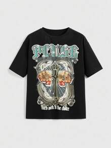 ROMWE Street Life Oversized California Girl Hip Hop Streetstyle Kreuz Muster locker sitzendes T-Shirt für Frauen - Schwarz - Übersicht 1