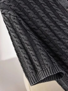 CosyJoli Women Plus Size Casual Washed Melange Cable Knit Short Sleeve Cardigan, Grey Button Up Ribbed Knit Top For Smart Casual Everyday, Fall/Winter - Black - View 4