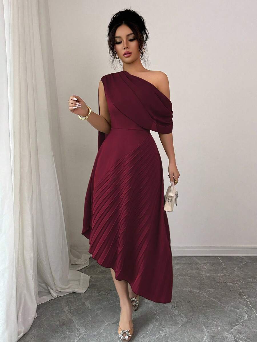 Rafferiza Đầm dài xếp ly một bên vai bằng vải chiffon thanh lịch dành cho nữ, vải voan bóng mùa xuân/hè - Màu Đỏ Sâu - Xem 1