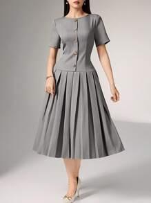 Heiryn Elegant Commuter Asymmetric For Women,  Pleated Dress,  Grey Dresses For Women, Button Dress, Women Clothing Elegant, Grey Pleated Dress,Back To School,Back To School Outfit,Fall Outfits Women,Autumn Clothes,Autumn,Fall Dresses For Women,Autumn Dress,Fall Dresses