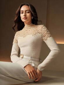 Anewsta Áo ren cổ tròn tay dài thanh lịch ôm sát dành cho nữ - Màu be - Xem 3