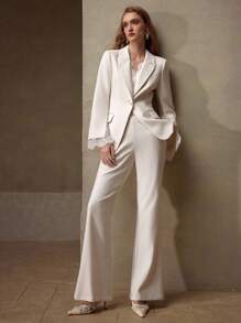 MOTF PREMIUM 尖领撞色蕾丝开衩袖单扣西装外套和喇叭裤套装 - 杏色 - 查看 3