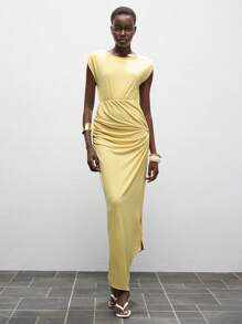 Lumivelle Women's Solid Color Round Neck High Waist Knot Design Summer Dress Cream Yellow Preppy Style - Yellow - View 4