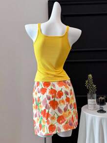 Chiquease 2pcs/Set Vacation Style Floral Decor Camisole Top And Printed Mini Skirt Outfit Clothes For University - Yellow - View 2