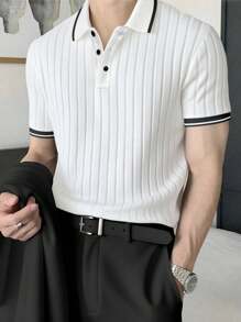 Claim Dot 男士休闲罗纹饰边短袖 Polo 衫，适合夏季/日常穿着，男士针织 Polo 衫，男士针织 Polo 衫，男士罗纹 Polo 衫，修身针织 Polo 衫，男士白色罗纹 Polo 衫，送给男朋友的绝佳礼物，开学季男士罗纹针织 Polo 衫，男士短袖针织 Polo 衫 - 白色 - 查看 1