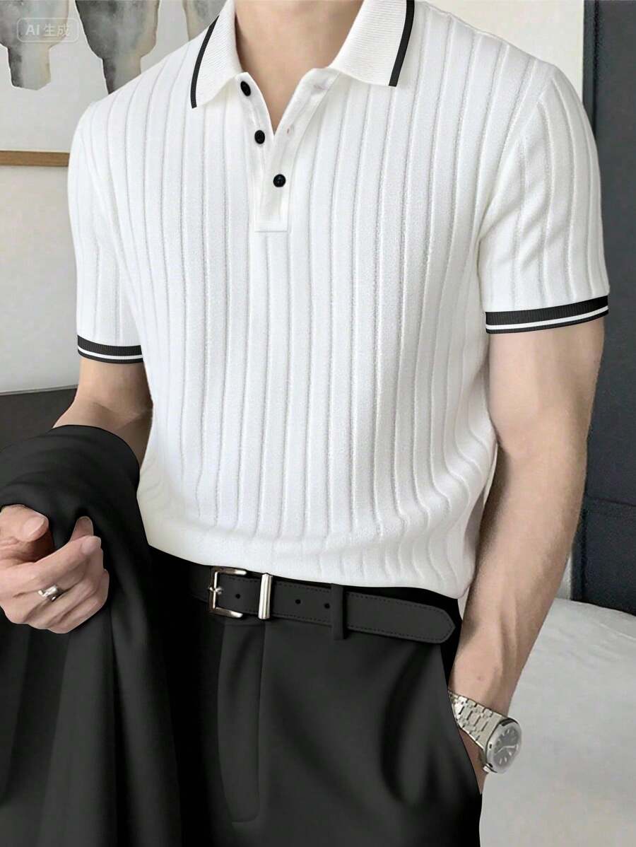 Claim Dot 男士休闲罗纹饰边短袖 Polo 衫，适合夏季/日常穿着，男士针织 Polo 衫，男士针织 Polo 衫，男士罗纹 Polo 衫，修身针织 Polo 衫，男士白色罗纹 Polo 衫，送给男朋友的绝佳礼物，开学季男士罗纹针织 Polo 衫，男士短袖针织 Polo 衫 - 白色 - 查看 1