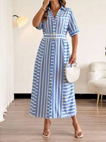 Vionelle 大码女式条纹纽扣衬衫裙