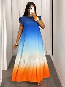 Slaydiva 加大度假日常休闲日常出游宽松渐变印花无袖荷叶边拼接立领女装加大码特长连衣裙2025春夏 - 彩色 - 查看 5