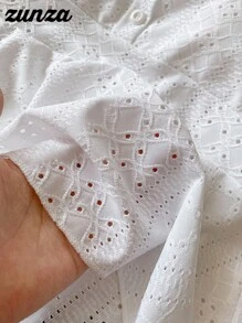 Stylish White Scoop Neck T-Shirt For Teen Girls With Short Puffed Sleeves White Babydoll Top Summer Babydoll Top Eyelet Babydoll Top Babydoll Top With Sleeves White Summer Blouse - White - View 5