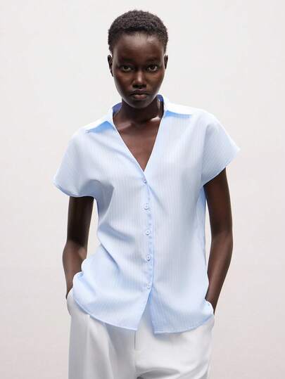 Lumivelle Elegant Blue And White Striped V-Neck Short-Sleeved Women's Summer Shirt