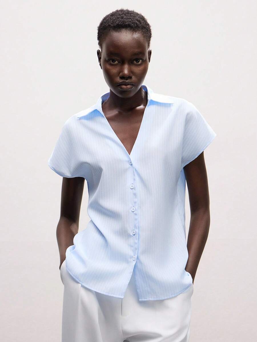 Lumivelle Elegant Blue And White Striped V-Neck Short-Sleeved Women's Summer Shirt - Blue - View 1