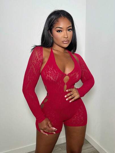 Alexandranx Barboteuse en jacquard sexy ajourée pour femmes, tenue de fête pour le Nouvel An et les vacances